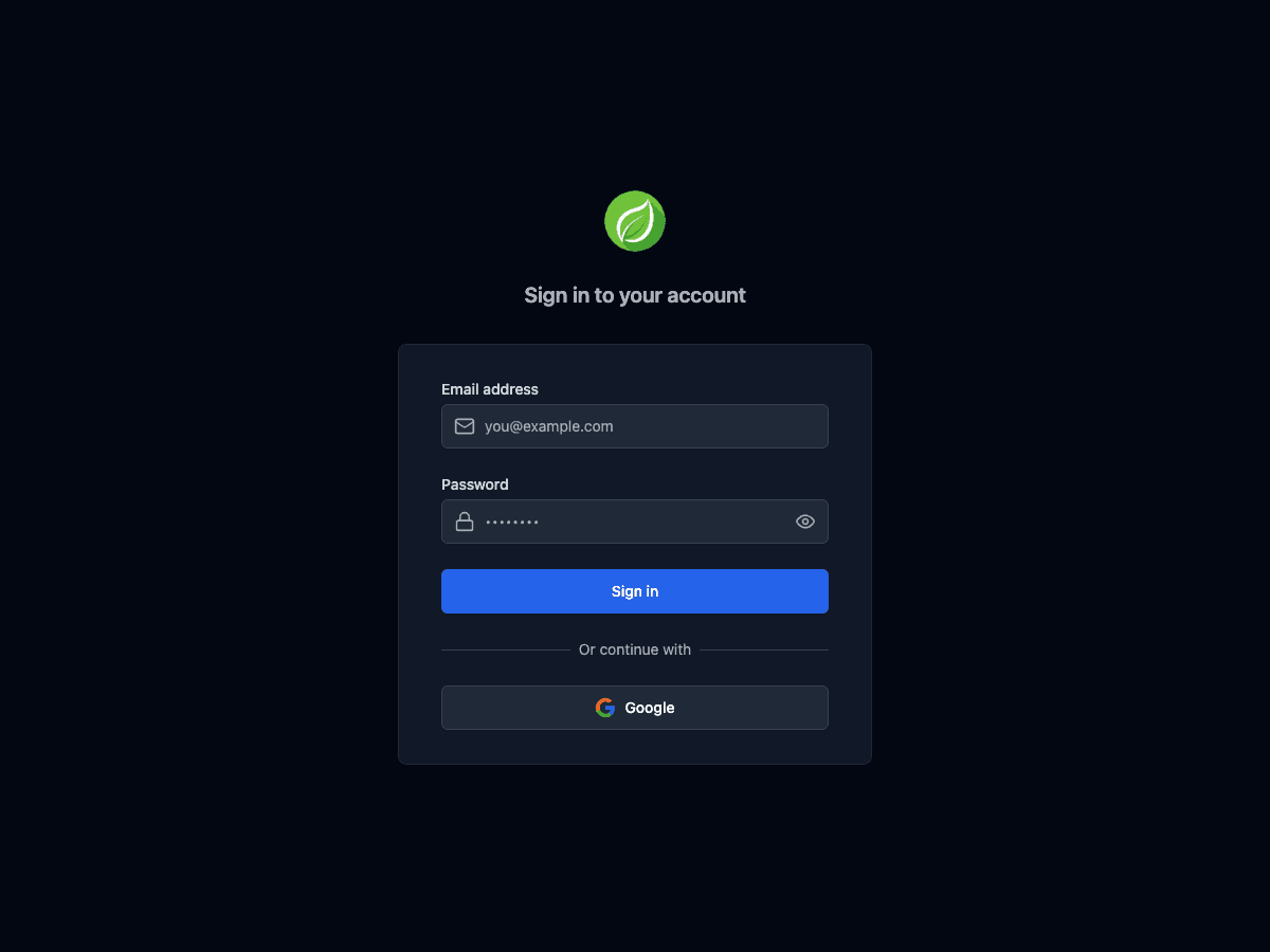 Polverine login screen with email/password and Google sign-in